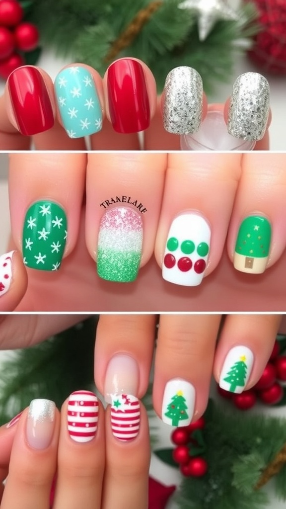 Trendy short Christmas nails with festive designs including red and green, snowflakes, glitter, candy canes, and Christmas trees.